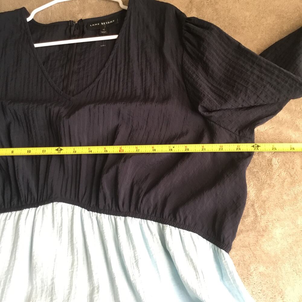 Lane Bryant Tiered Crepe Maxi Dress Blue Colorblock Long Sleeves v neck Sz 22P - Picture 7 of 10